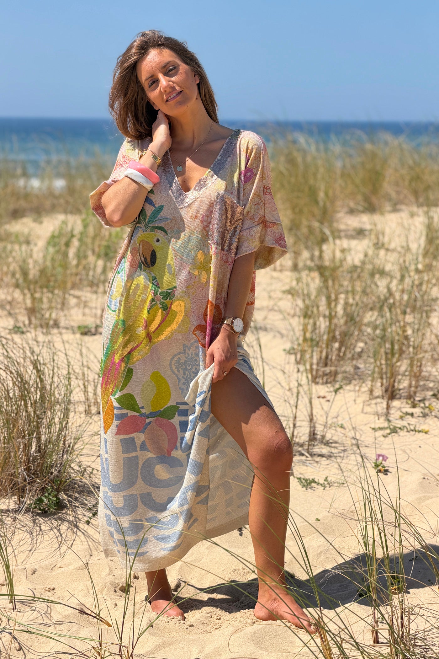 Beige “Lucky” Parrot Glitter Knit Caftan
