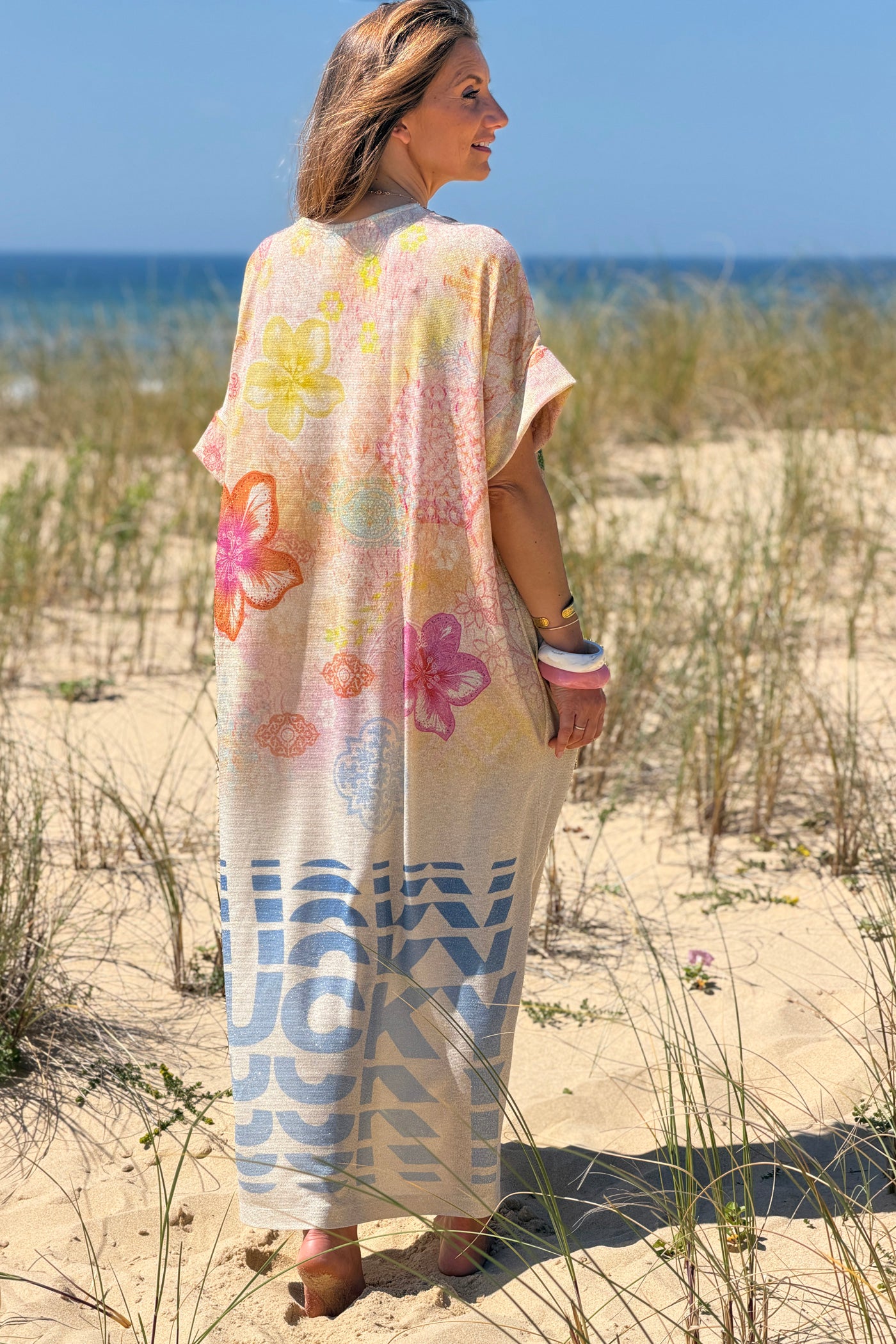 Beige “Lucky” Parrot Glitter Knit Caftan
