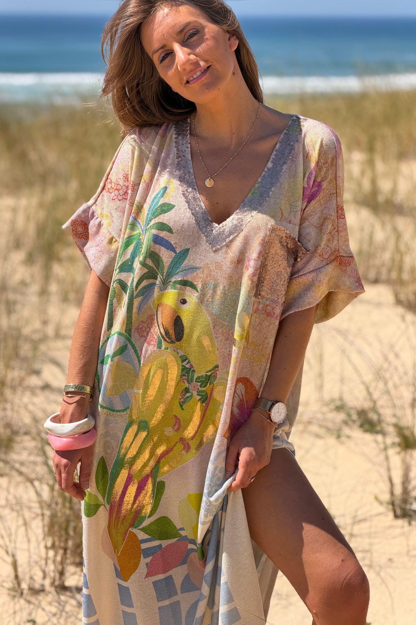 Beige “Lucky” Parrot Glitter Knit Caftan