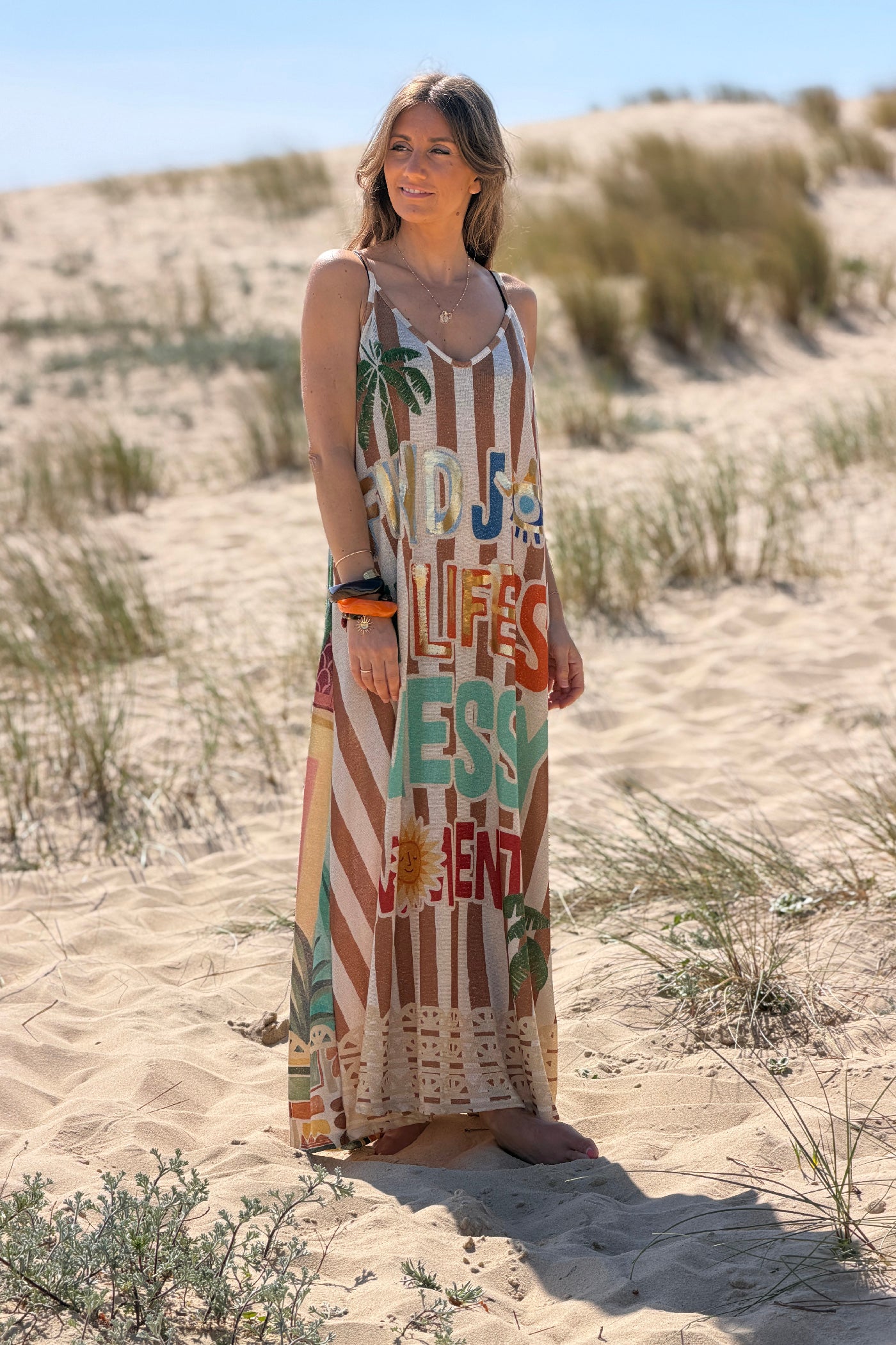 Brown Cabana Stripe Beach Joy Glitter Knit Maxi Dress