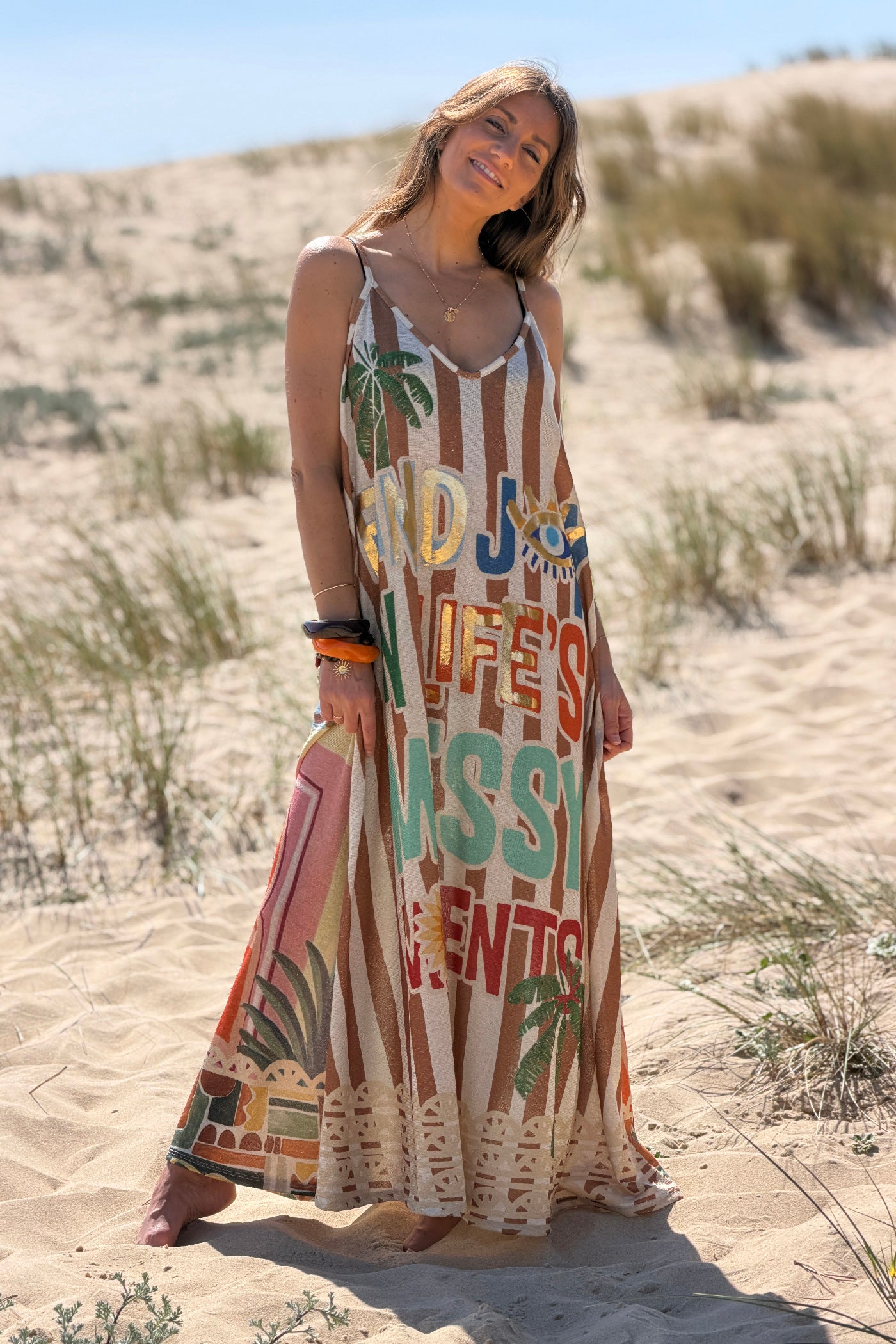 Brown Cabana Stripe Beach Joy Glitter Knit Maxi Dress