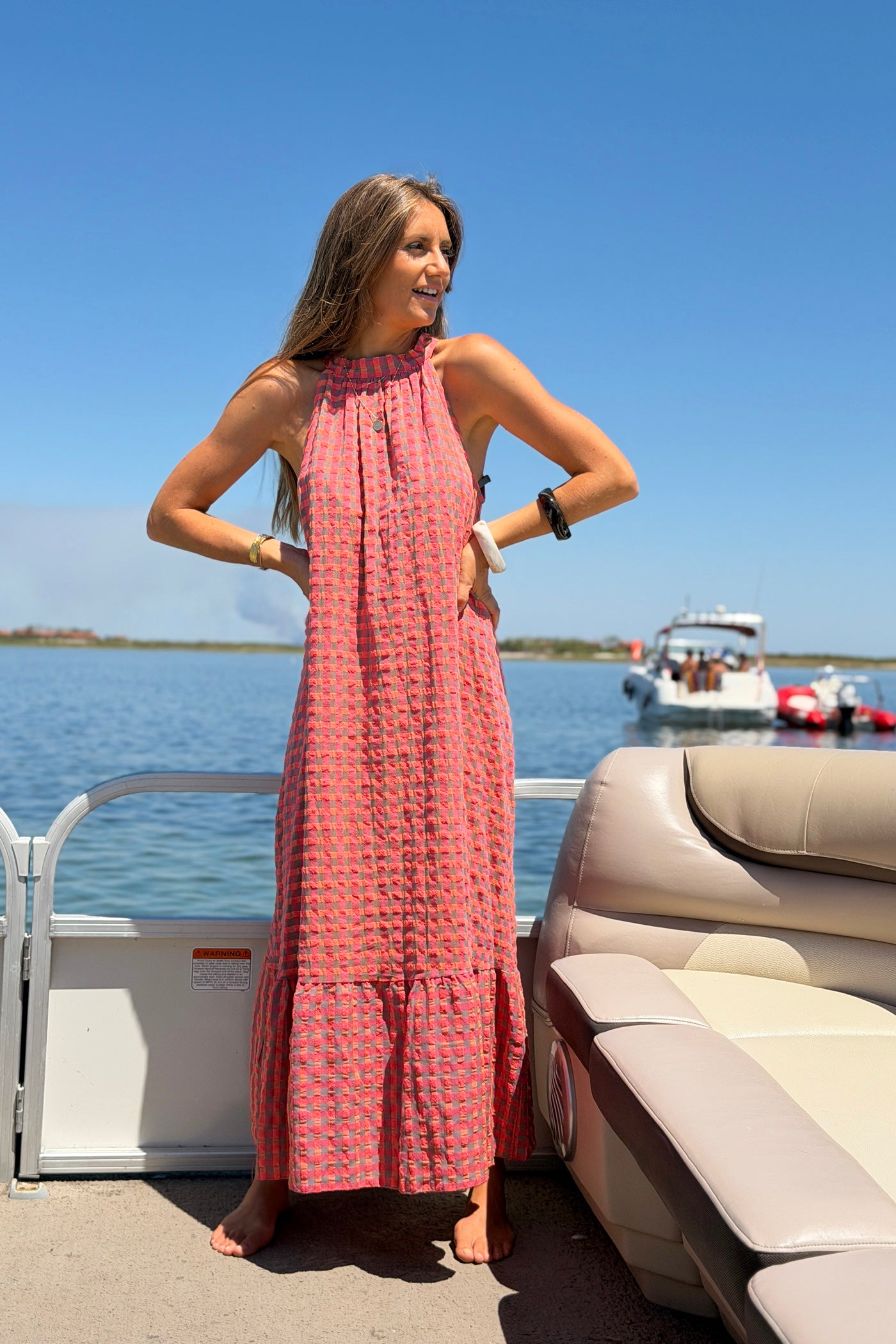 Robe longue à carreaux corail effet texturé col montant