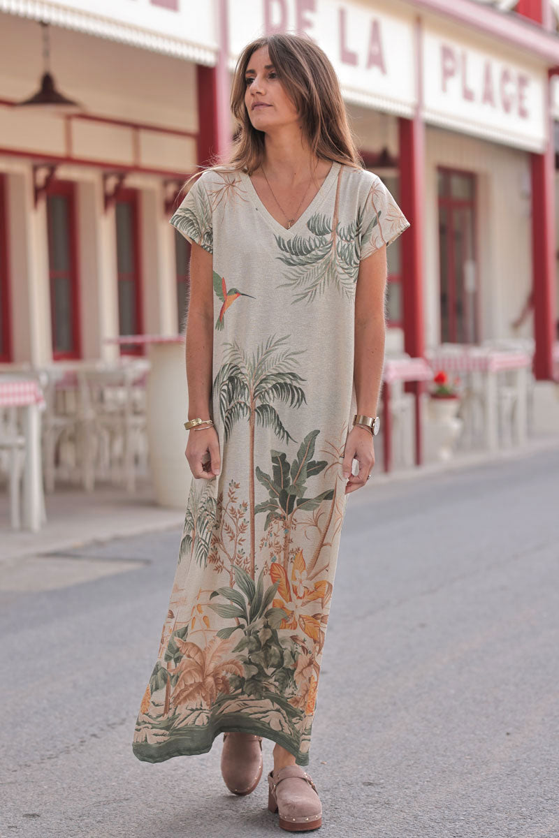 Vestido largo beige brillante dorado con estampado de palmeras y colibríes caqui