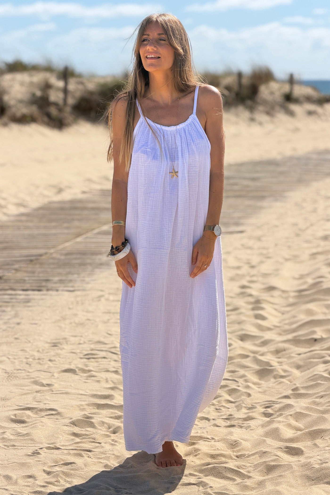 White Crinkle Gauze Maxi Dress
