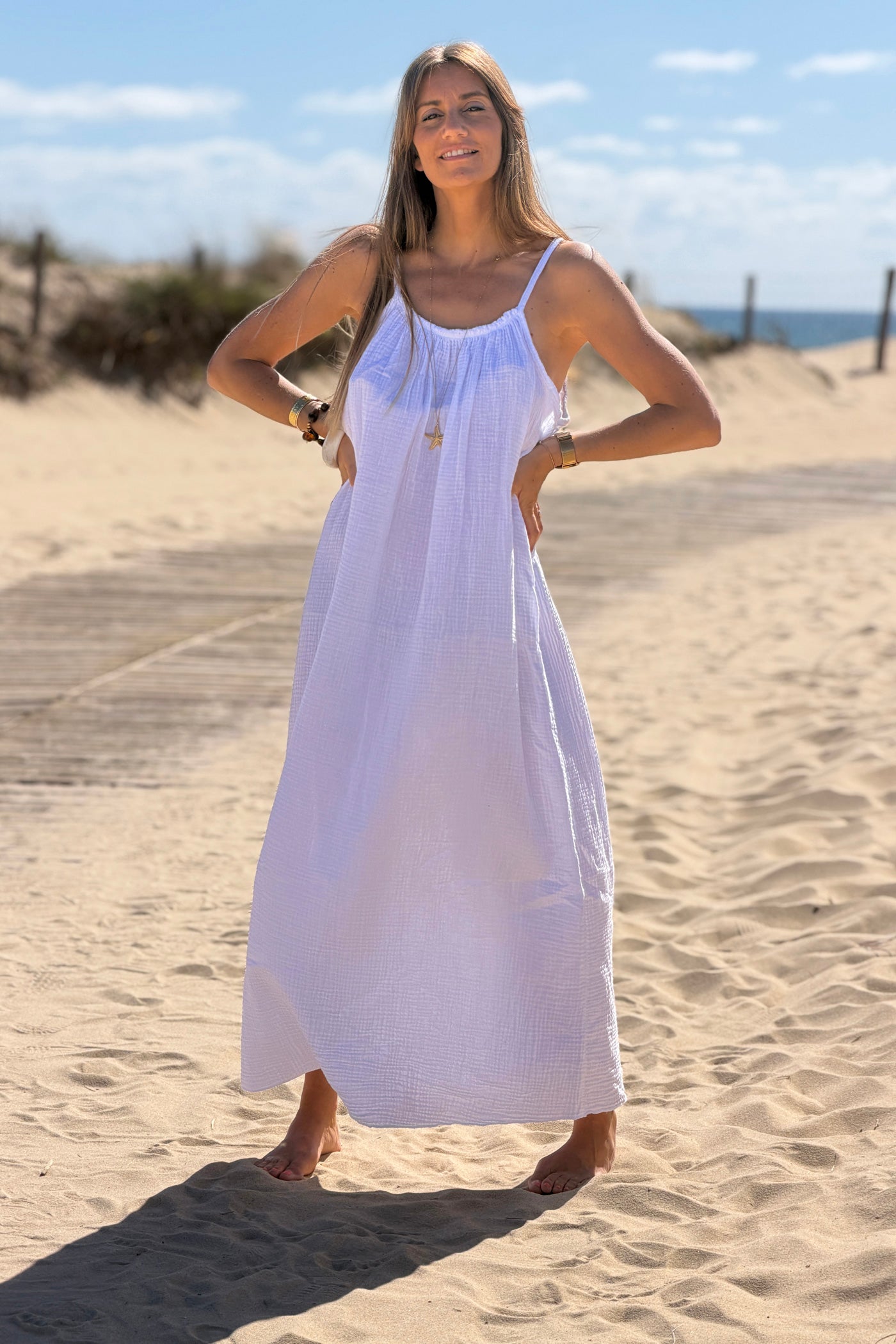 White Crinkle Gauze Maxi Dress