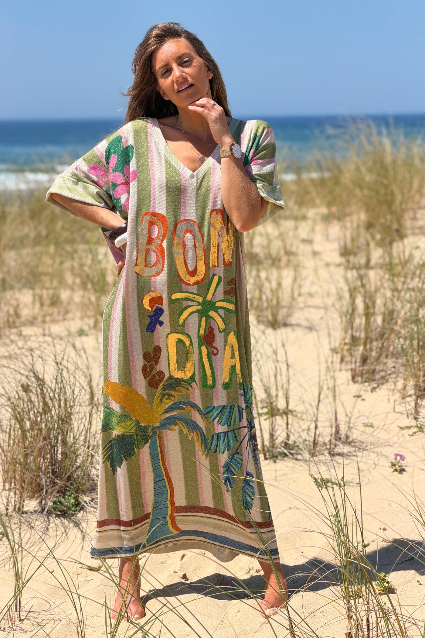 Green Cabana Stripe Glitter Knit Maxi Dress