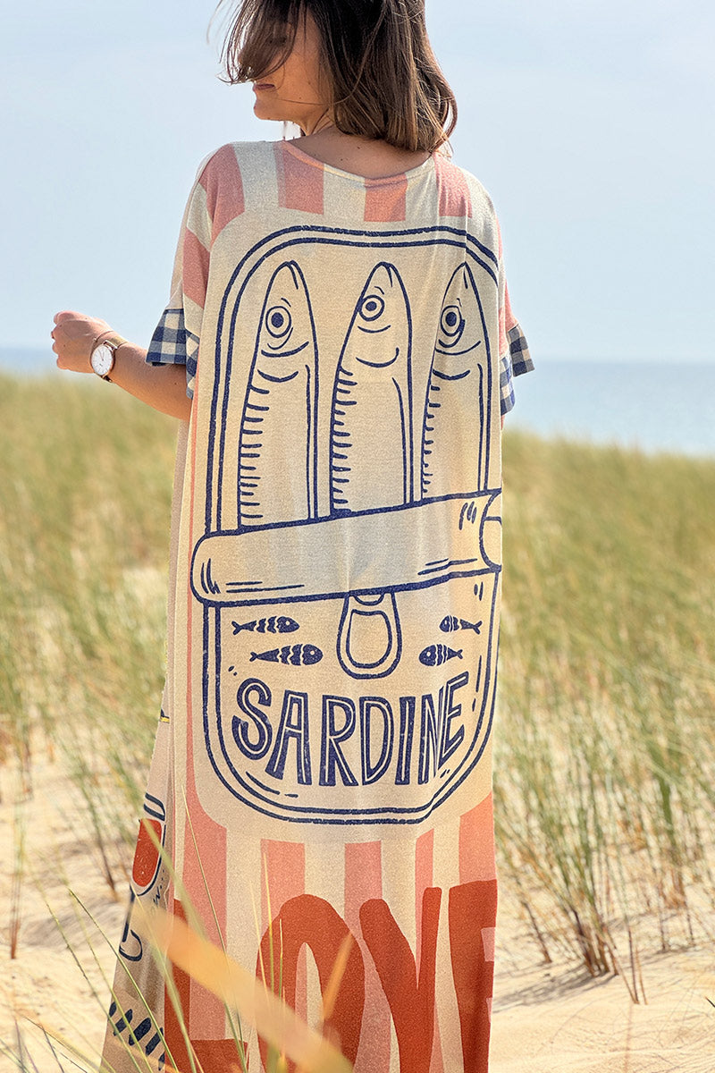 Robe longue brillante et large imprimé Sardine pasta LOVE rayures corail