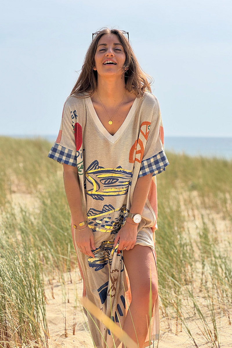 Robe longue brillante et large imprimé Sardine pasta LOVE rayures corail
