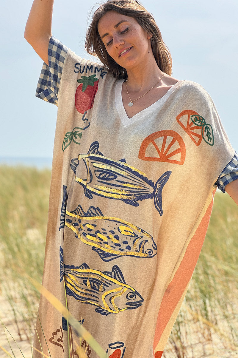 Robe longue brillante et large imprimé Sardine pasta LOVE rayures corail