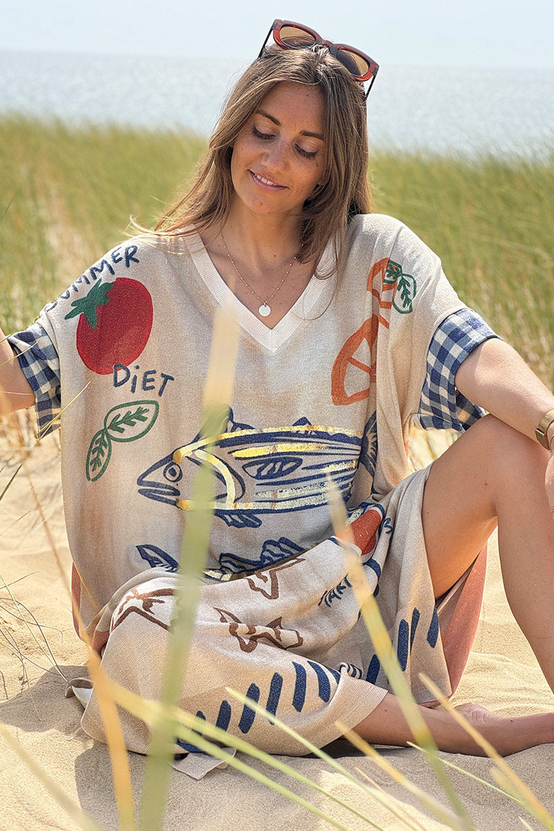 Robe longue brillante et large imprimé Sardine pasta LOVE rayures corail