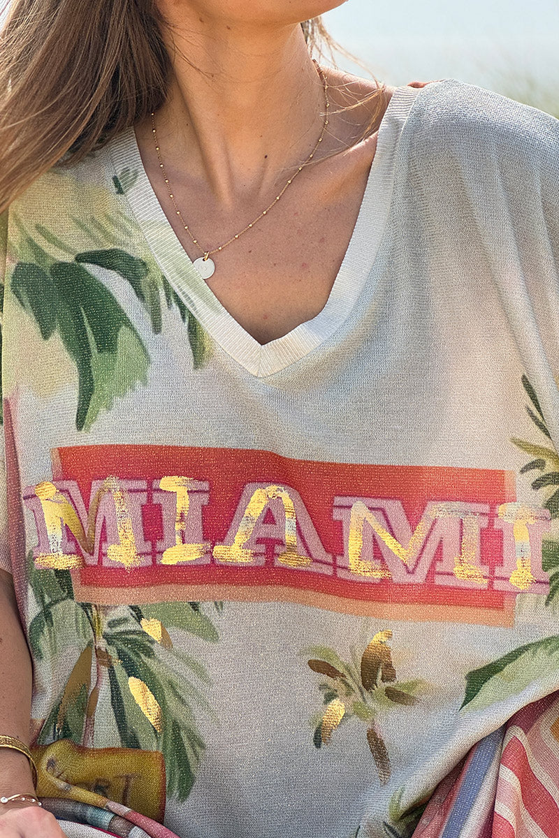 Vestido largo amplio y brillante con estampado colorido de palmeras MIAMI Cadillac