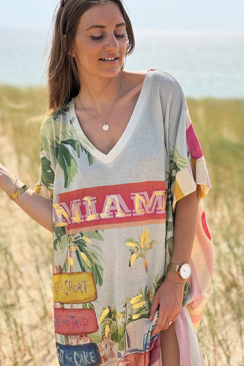 Vestido largo amplio y brillante con estampado colorido de palmeras MIAMI Cadillac