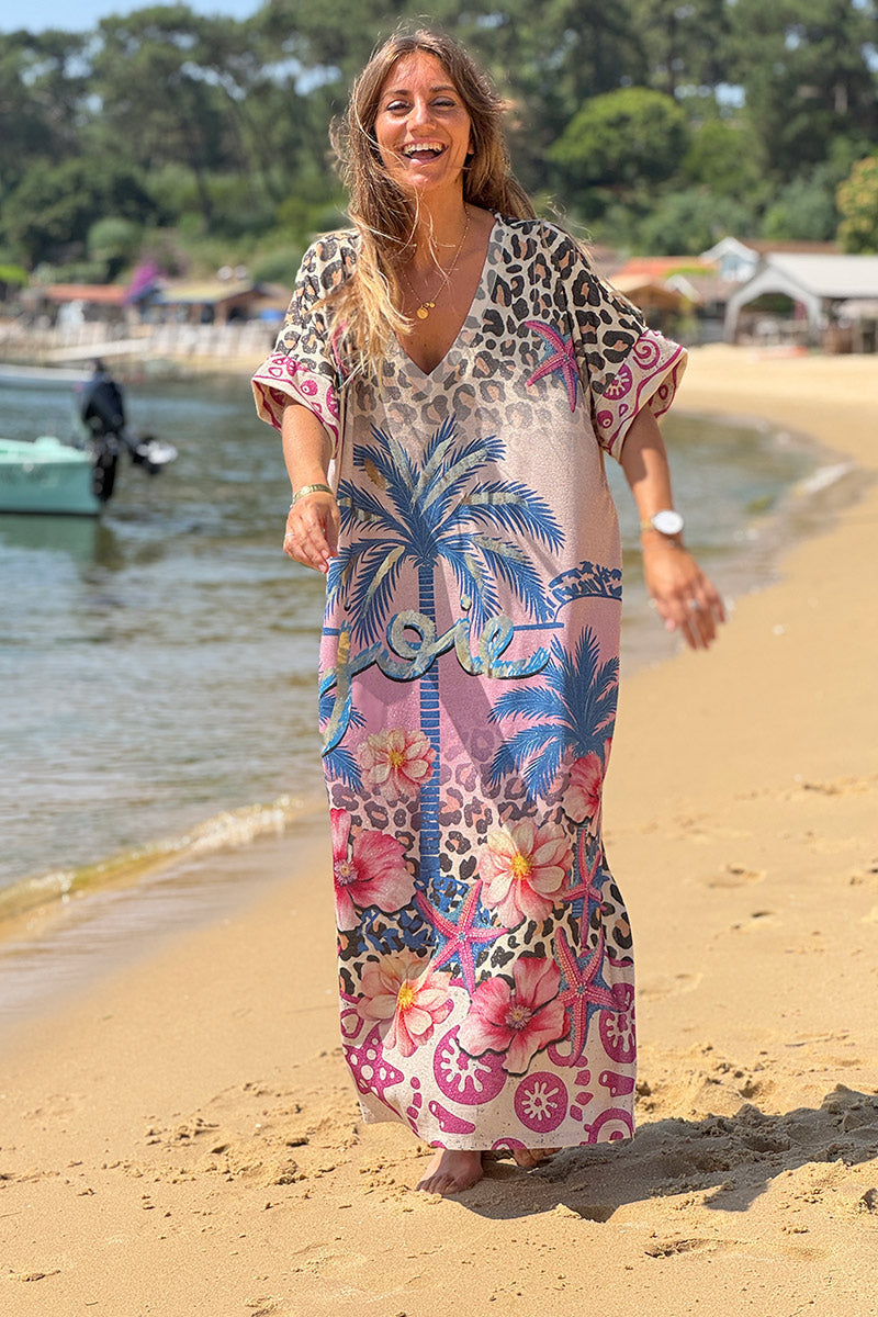 Robe longue brillante et large imprimé palmier léopard hibiscus œil et Joie