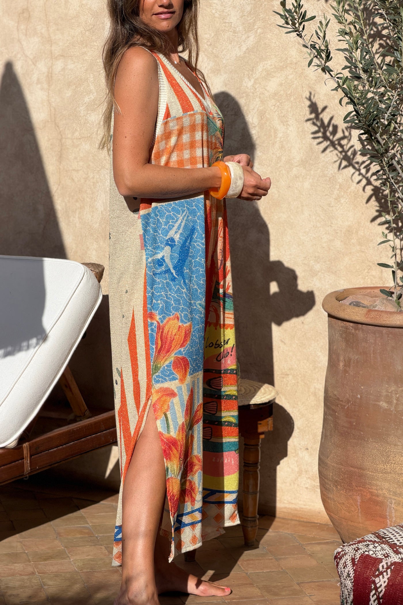 Robe longue brillante lurex à bretelles imprimé Italie coloré homard