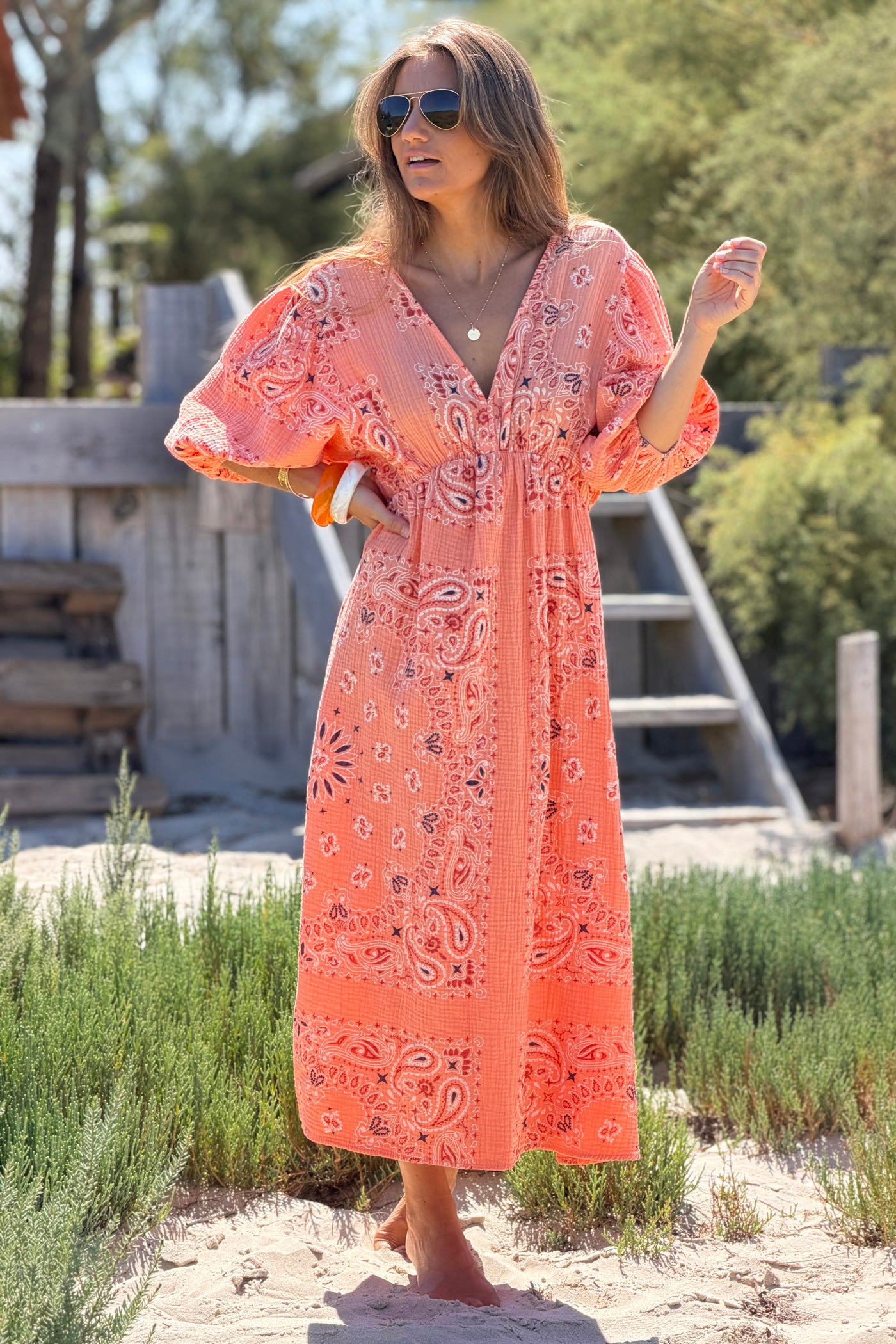 Orange Gauze Bandana Print Dress