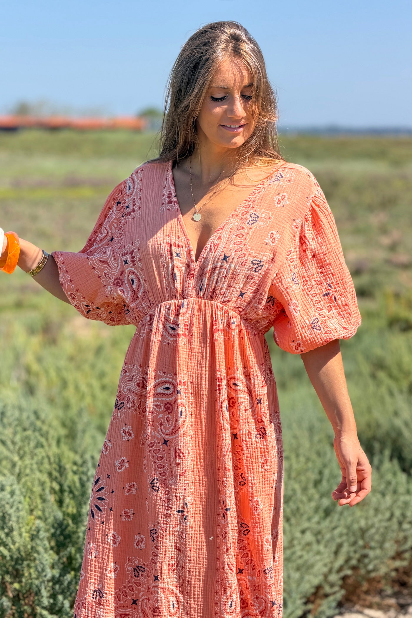 Orange Gauze Bandana Print Dress