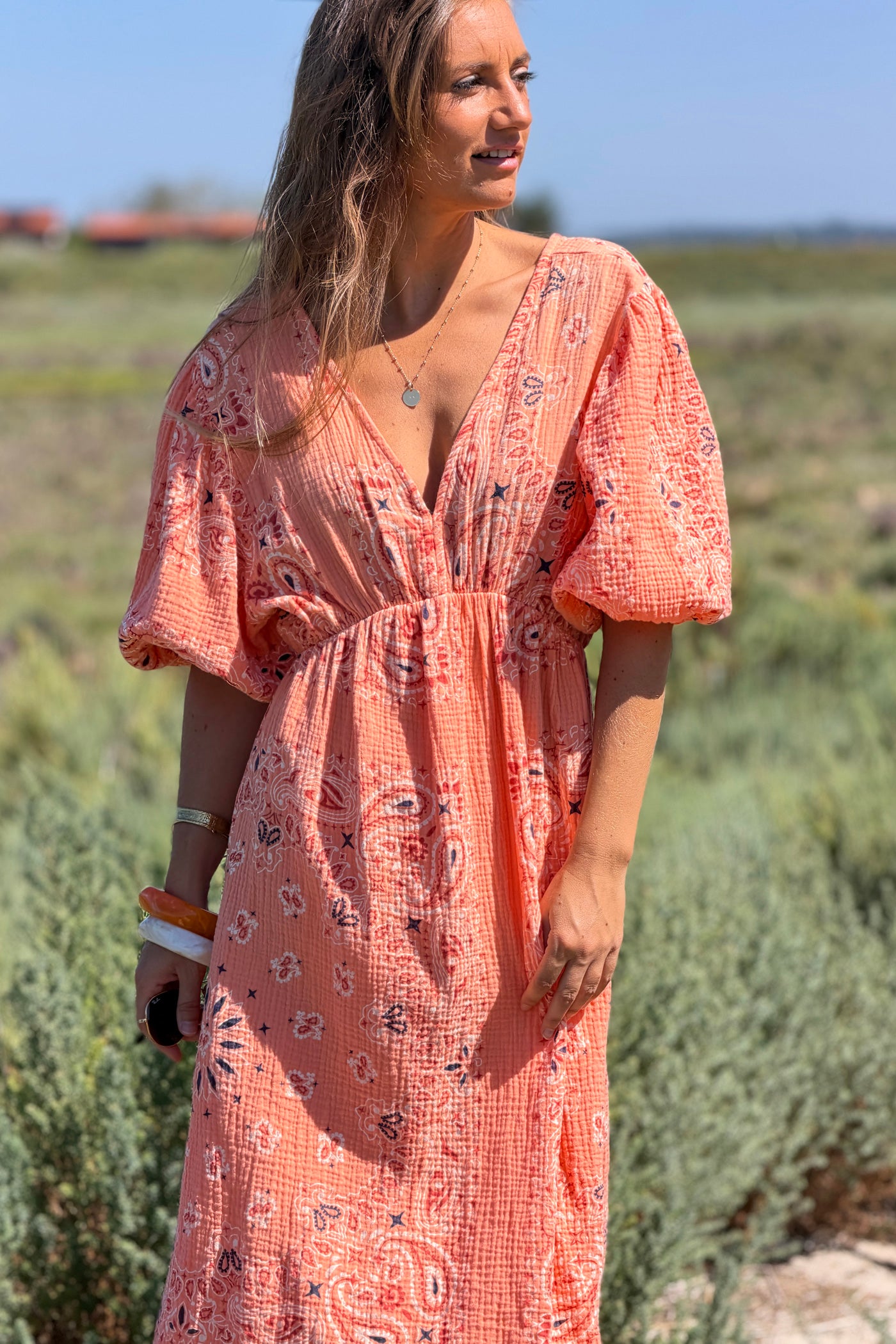 Orange Gauze Bandana Print Dress