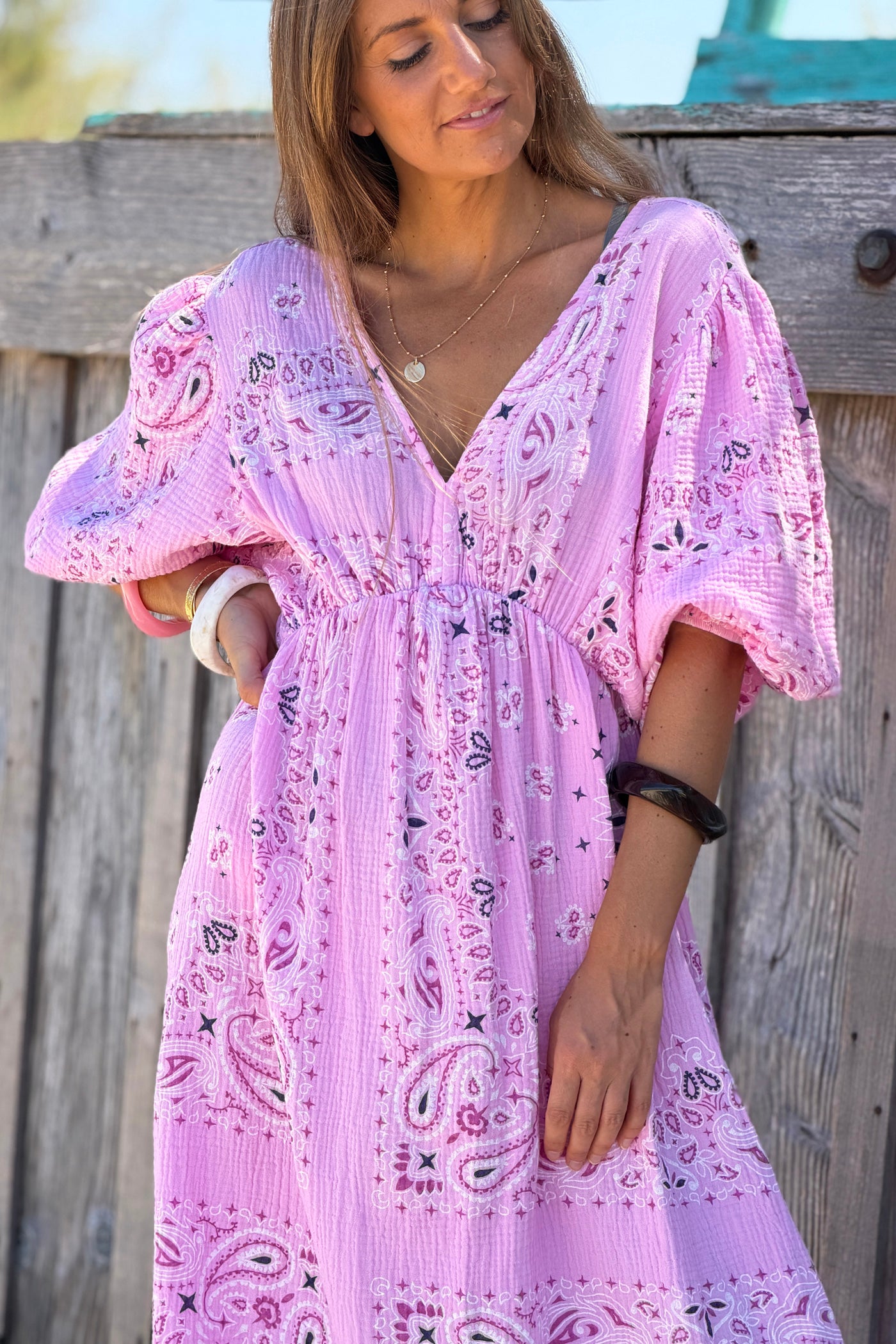 Pink Gauze Bandana Print Dress