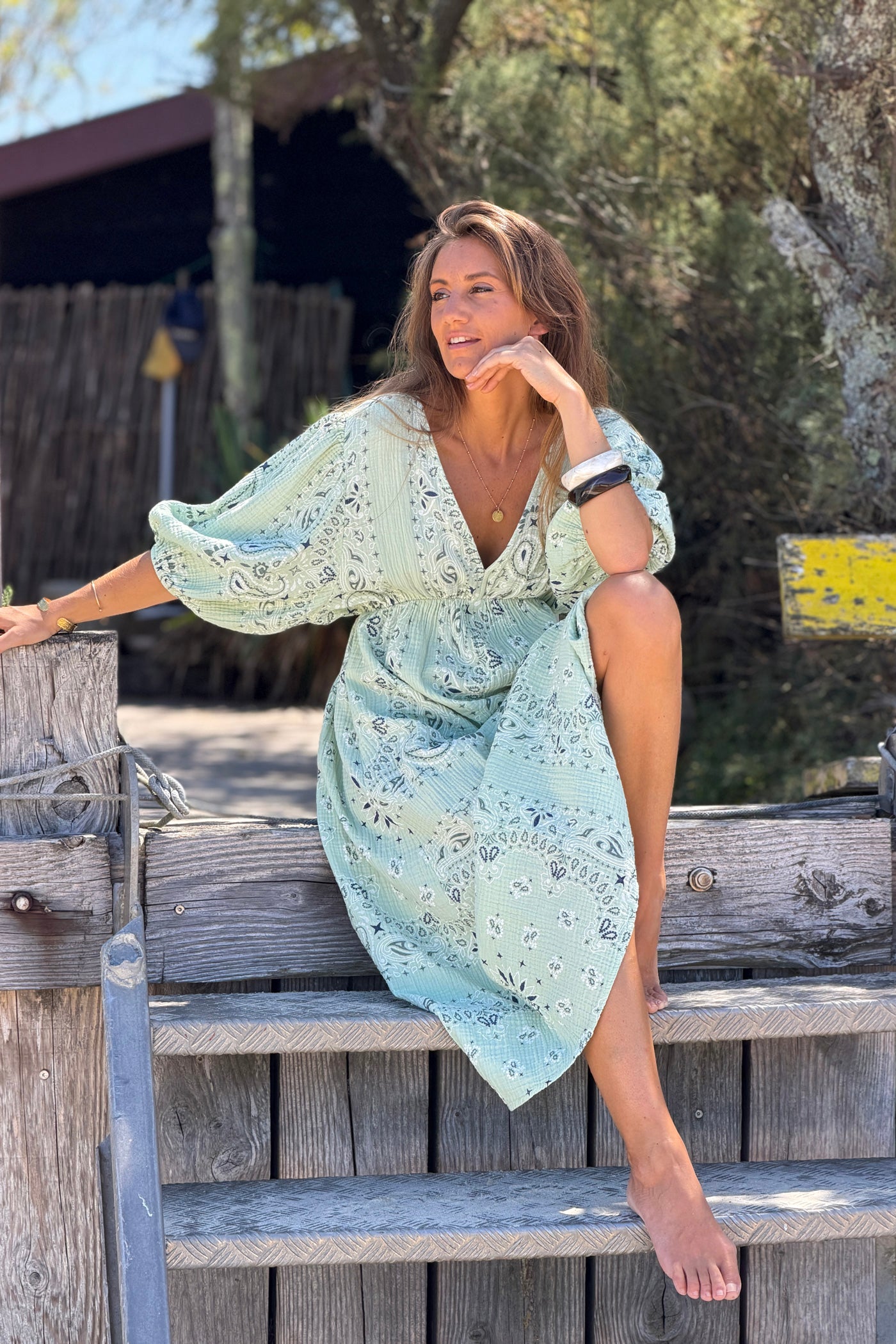 Sage Green Gauze Bandana Print Dress