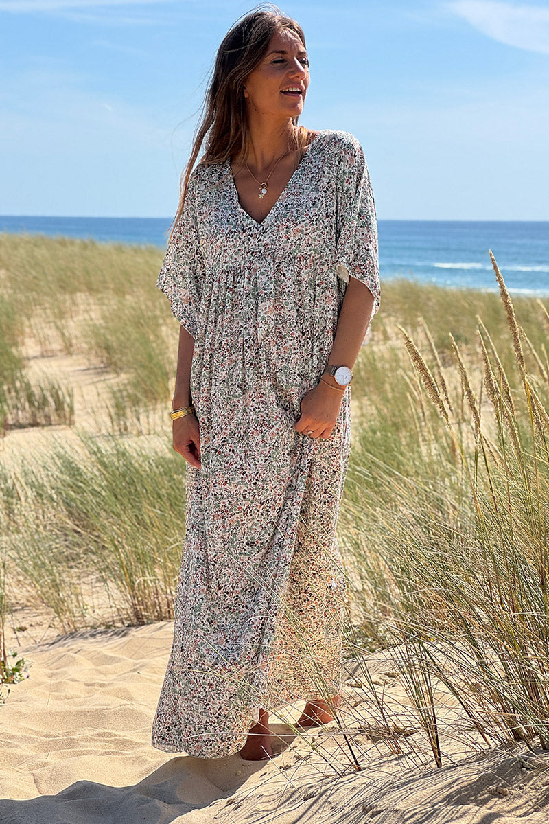 Robe longue fluide col V manches courtes imprimé liberty vert sauge