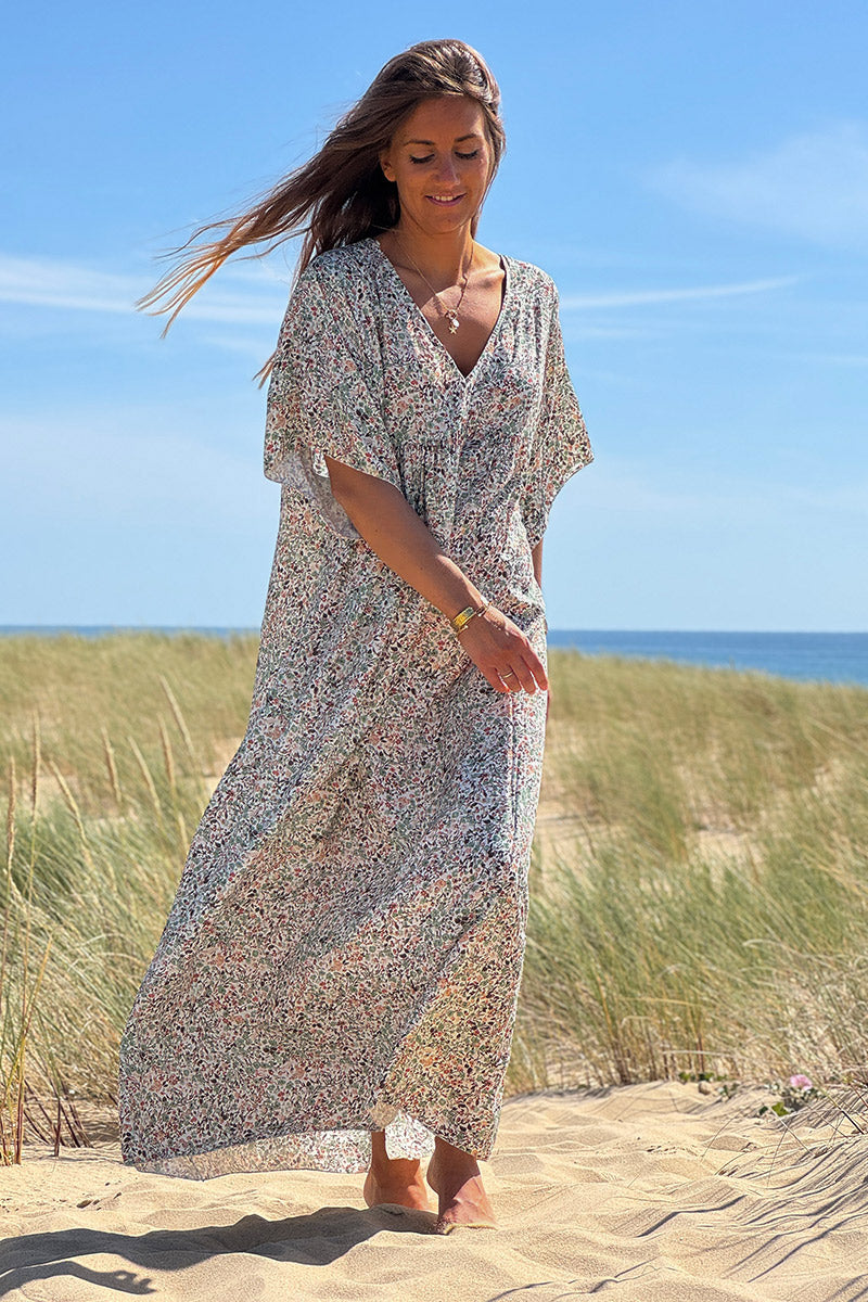 Robe longue fluide col V manches courtes imprimé liberty vert sauge