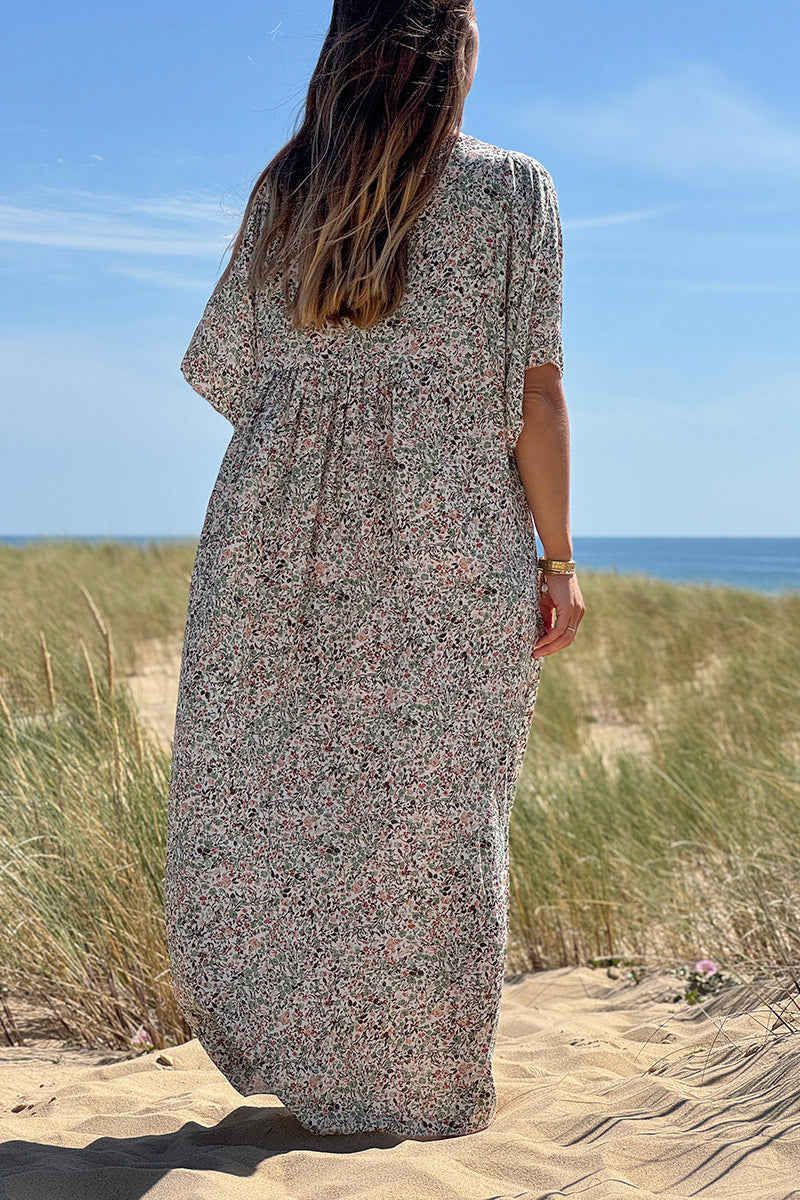 Robe longue fluide col V manches courtes imprimé liberty vert sauge