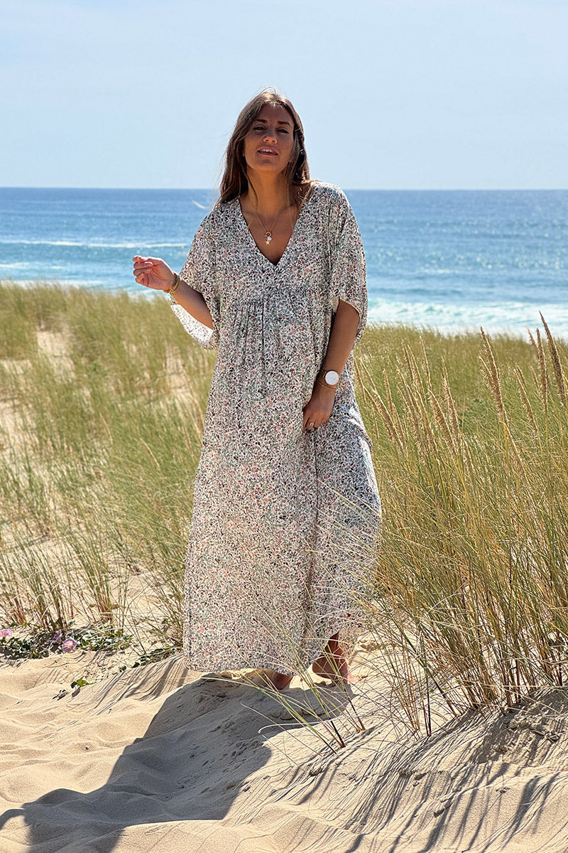 Robe longue fluide col V manches courtes imprimé liberty vert sauge