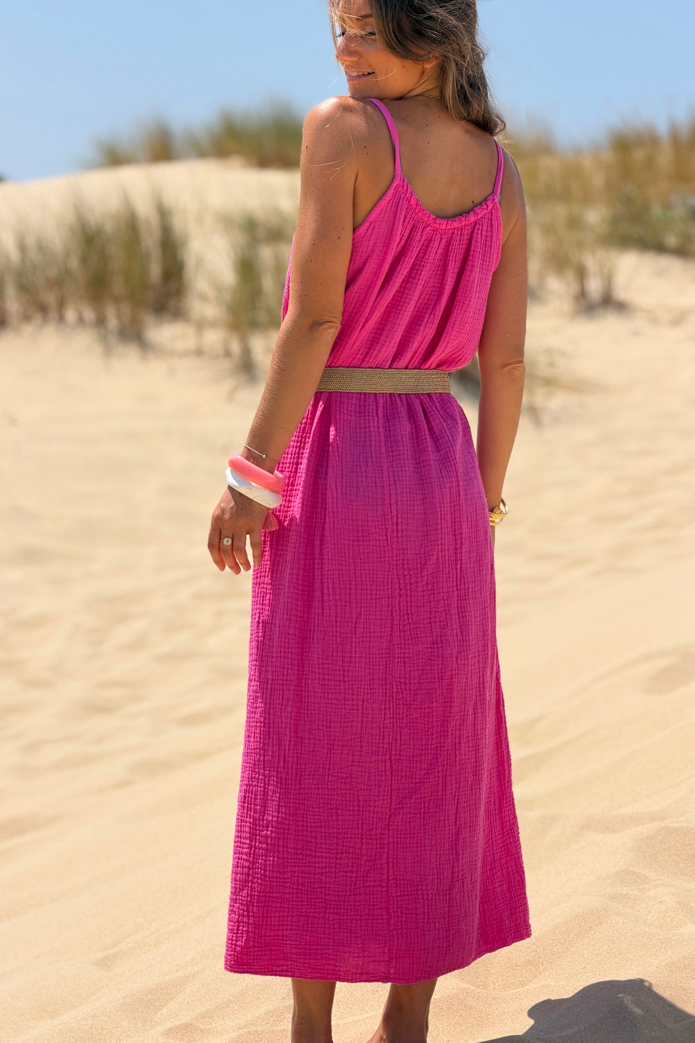 Hot Pink Crinkle Gauze Maxi Dress