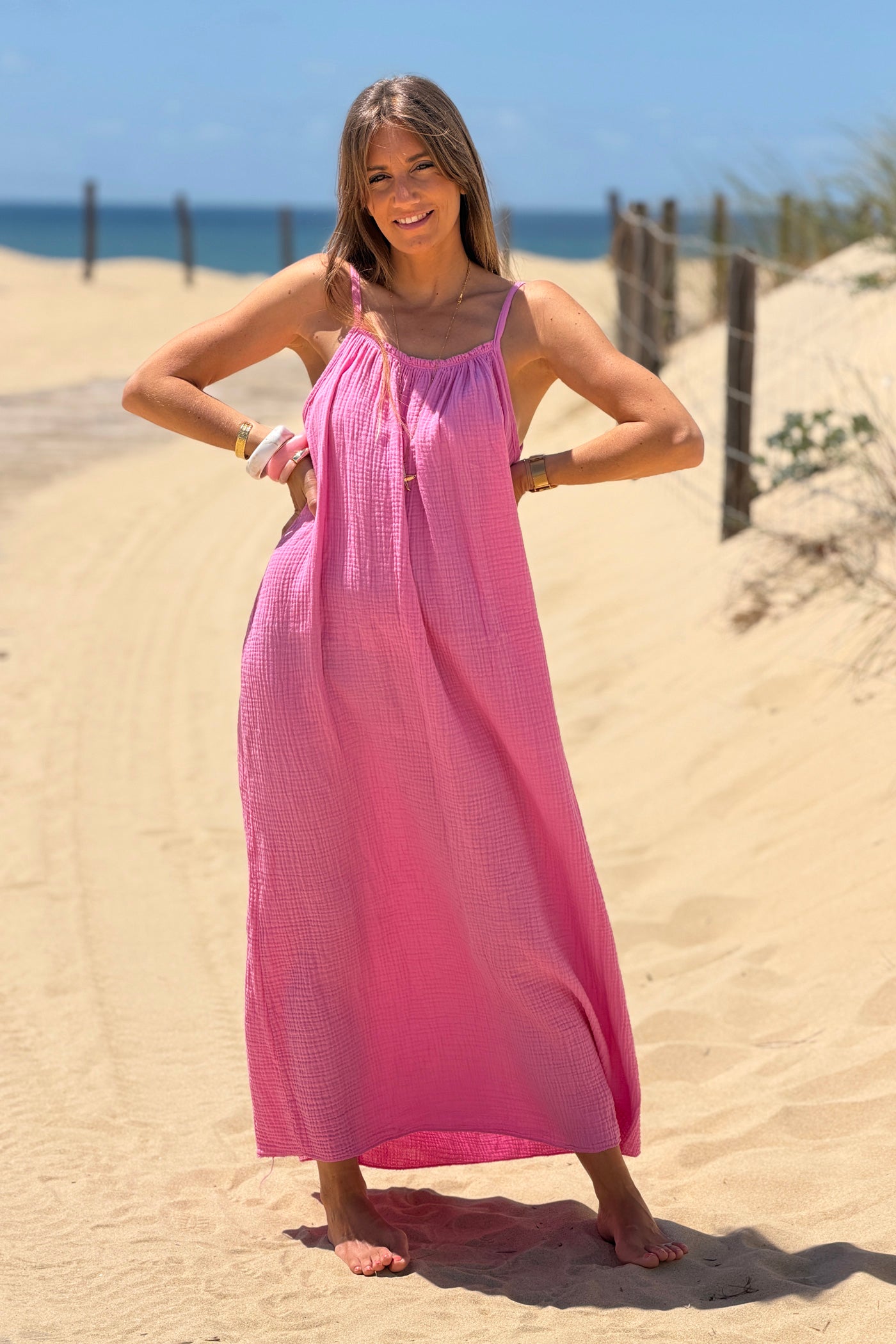 Pink Crinkle Gauze Maxi Dress