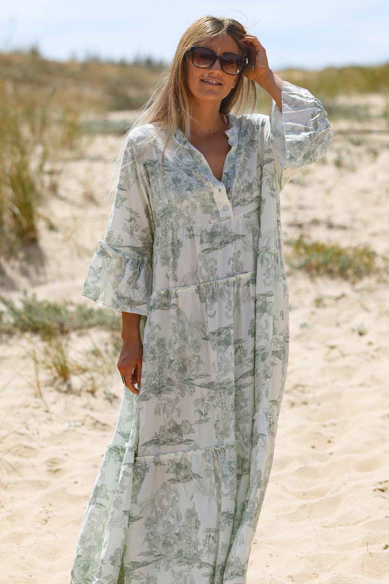 Robe longue toile de jouy kaki