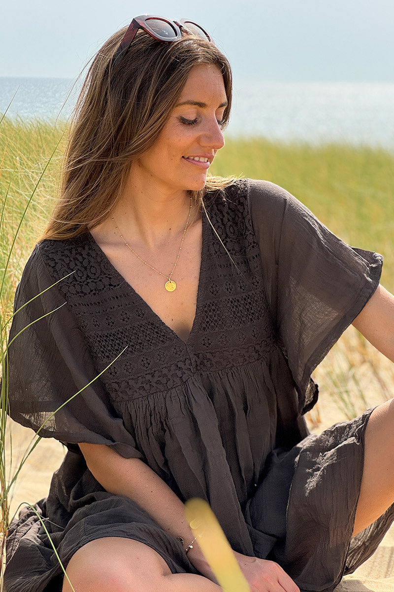 Brown chocolate Floaty Cotton Dress with Lace Top