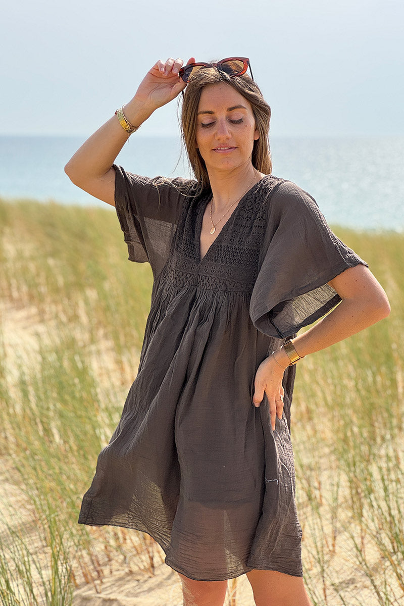 Brown chocolate Floaty Cotton Dress with Lace Top