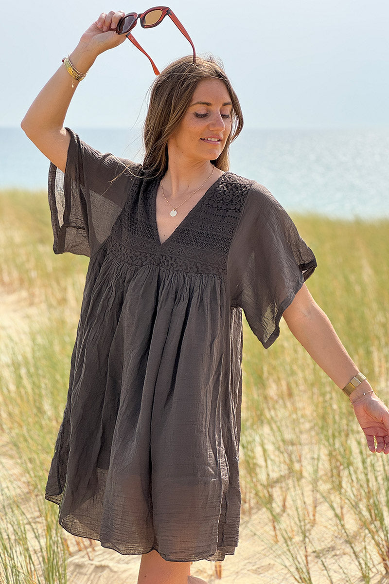 Brown chocolate Floaty Cotton Dress with Lace Top