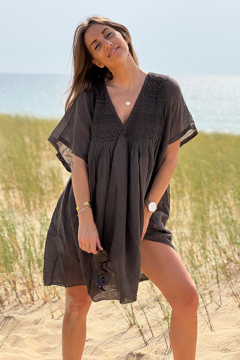 Brown chocolate Floaty Cotton Dress with Lace Top