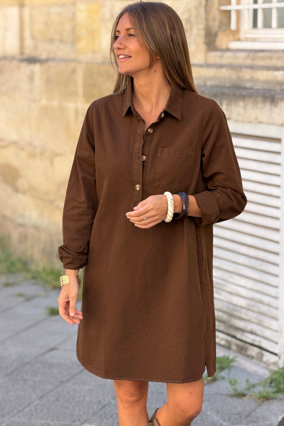 Chocolate Woven Half-Placket Long-Sleeve Dress