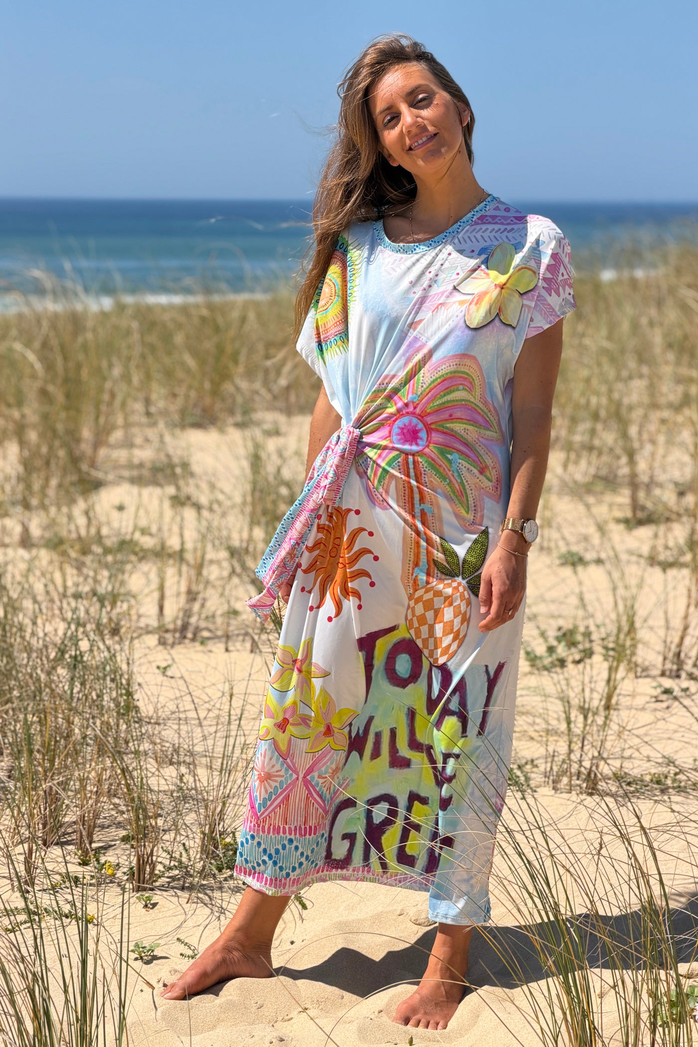 White “Today Will Be Great” Side-Tie Shirt Dress