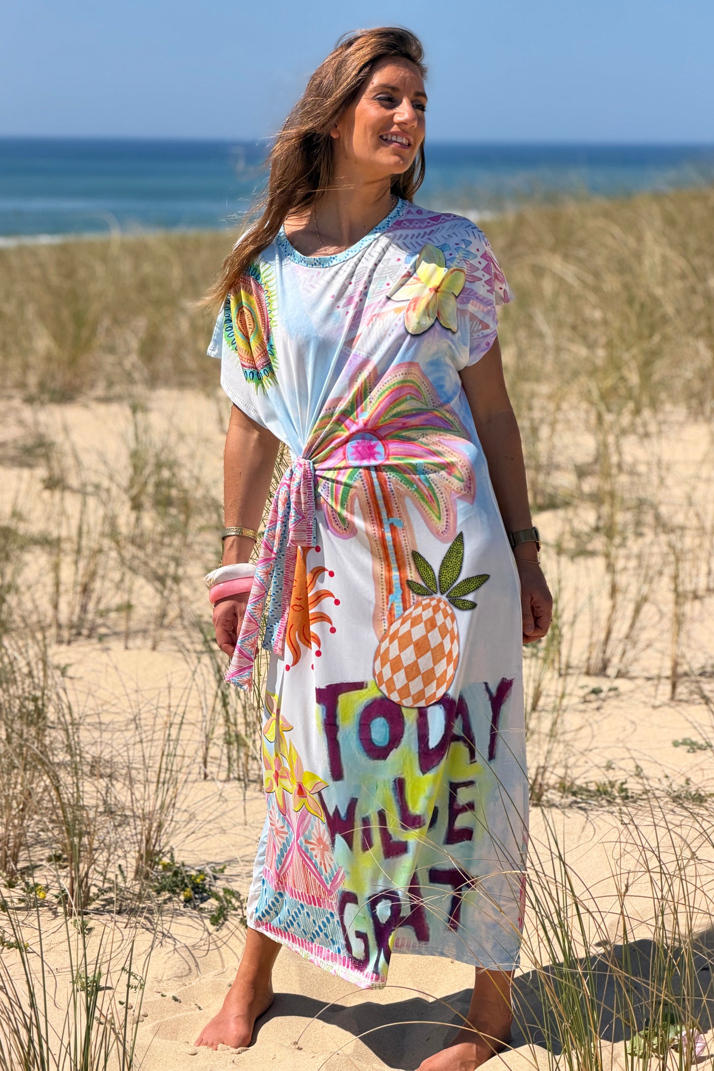 White “Today Will Be Great” Side-Tie Shirt Dress