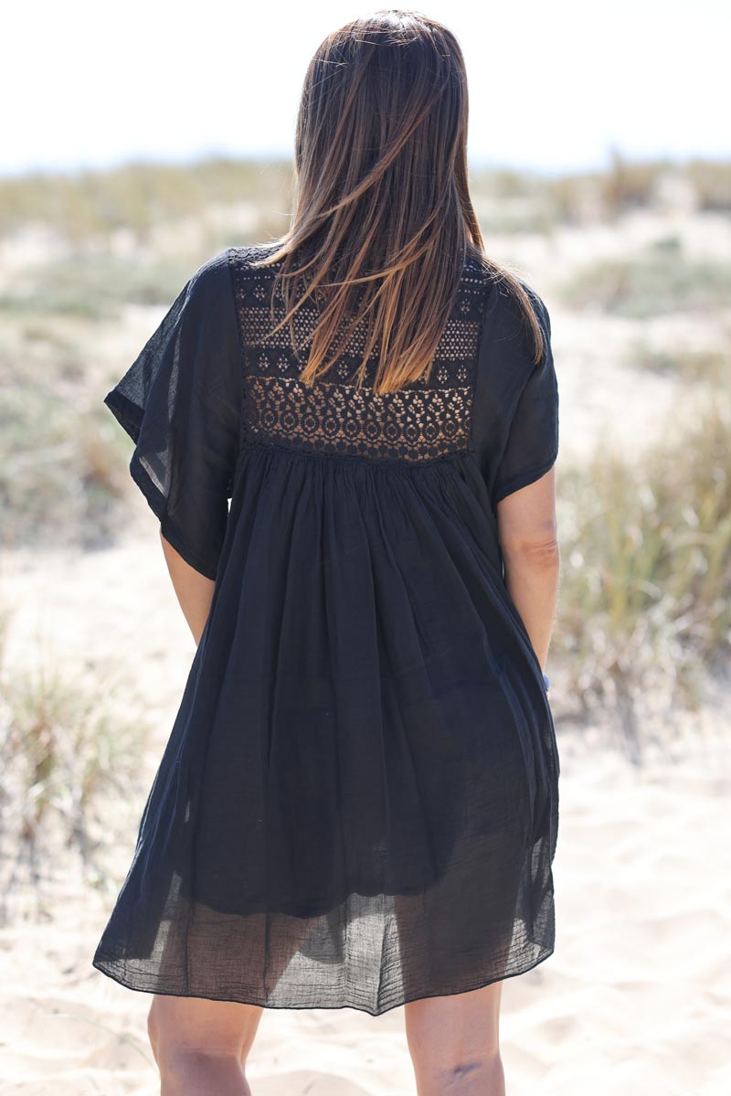 Robe noire legere voile de coton haut dentelle E190 (1)