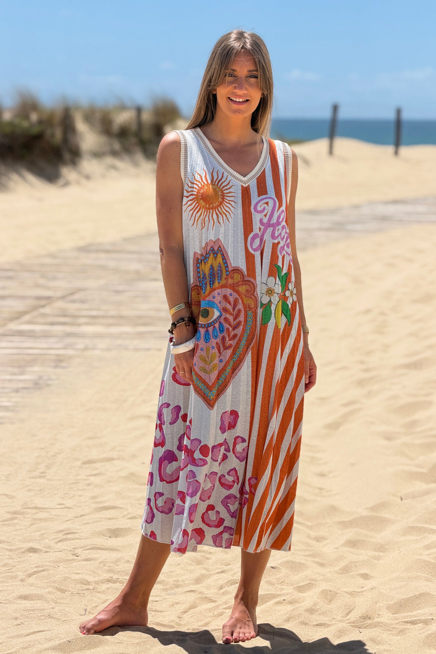 Orange Stripe “Hope” Glitter Knit Pleated Maxi Dress