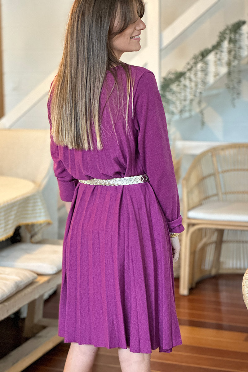 Robe plissée violine en petite maille col rond