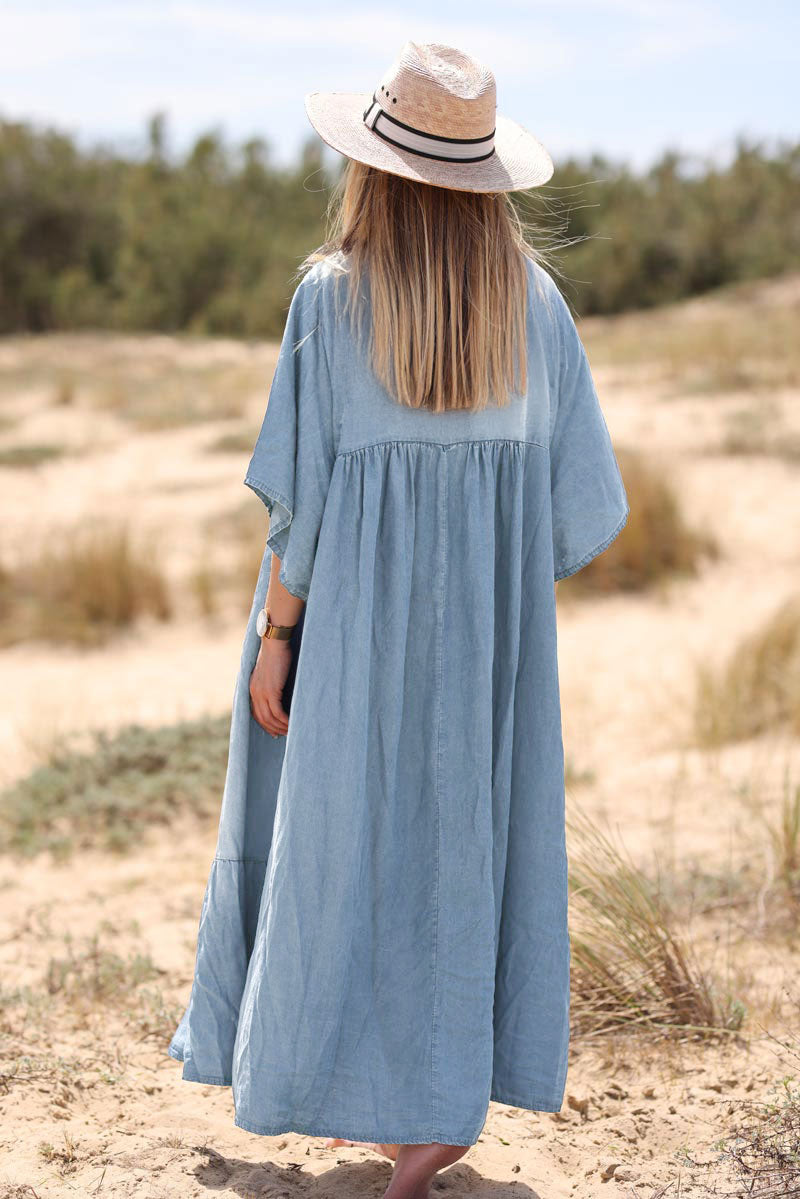 Light washed tencel denim oversized maxi dress