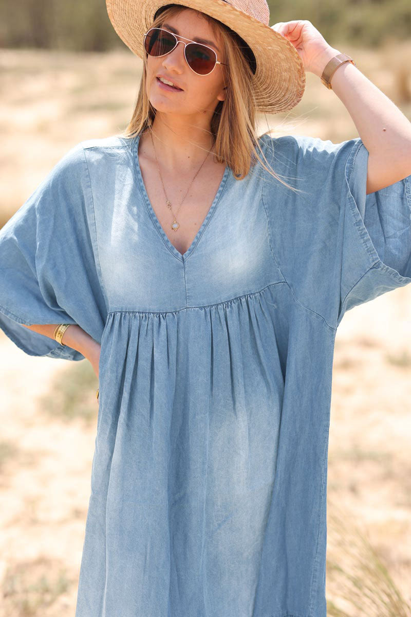 Light washed tencel denim oversized maxi dress