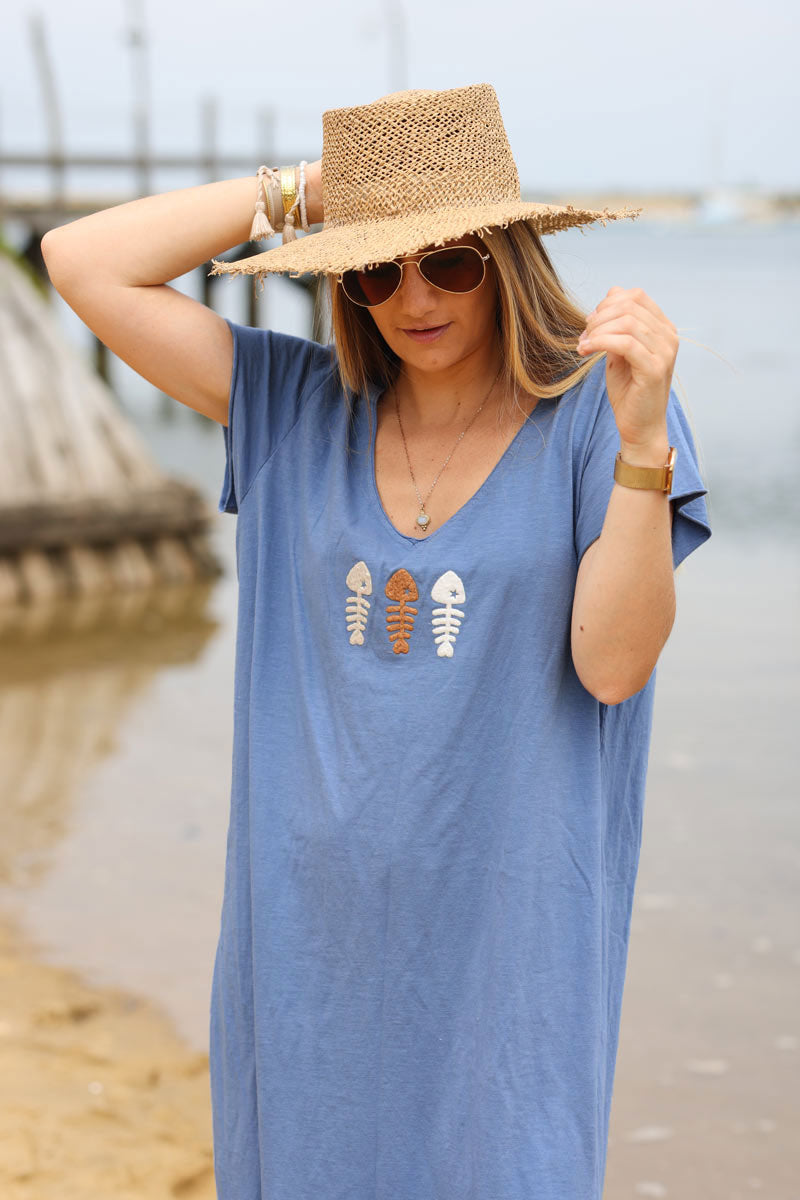Dusty blue V-neck maxi t-shirt dress with trio fish