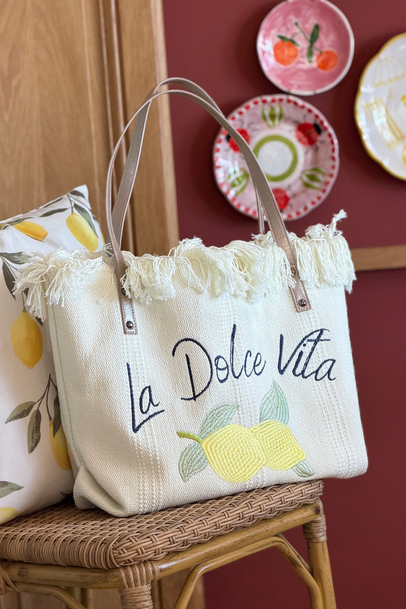Cream “La Dolce Vita” Lemon Fringe Tote
