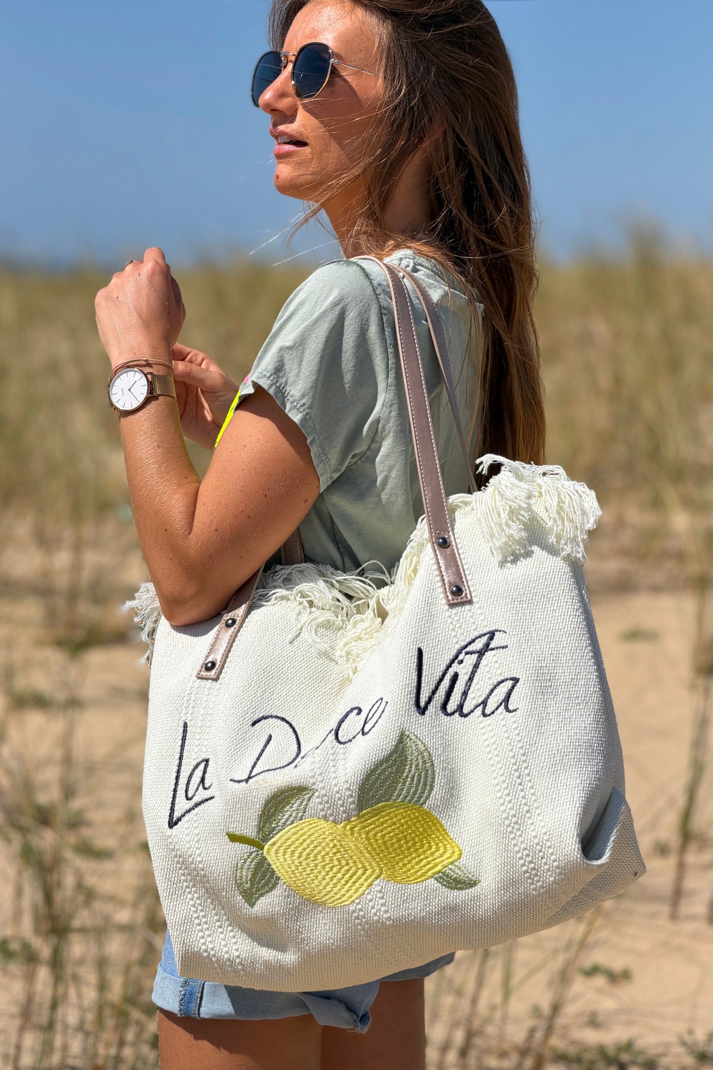 Cream “La Dolce Vita” Lemon Fringe Tote
