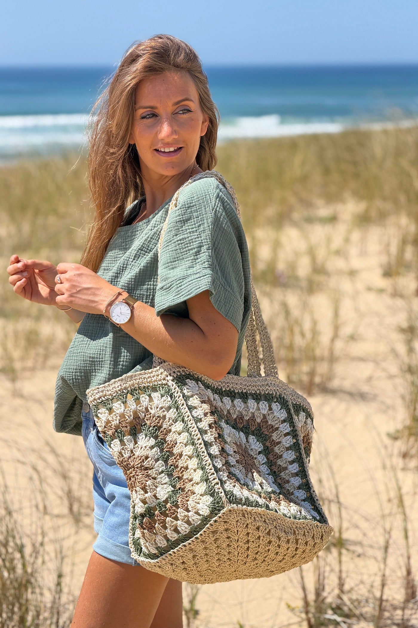 Beige Woven Square Jute Tote
