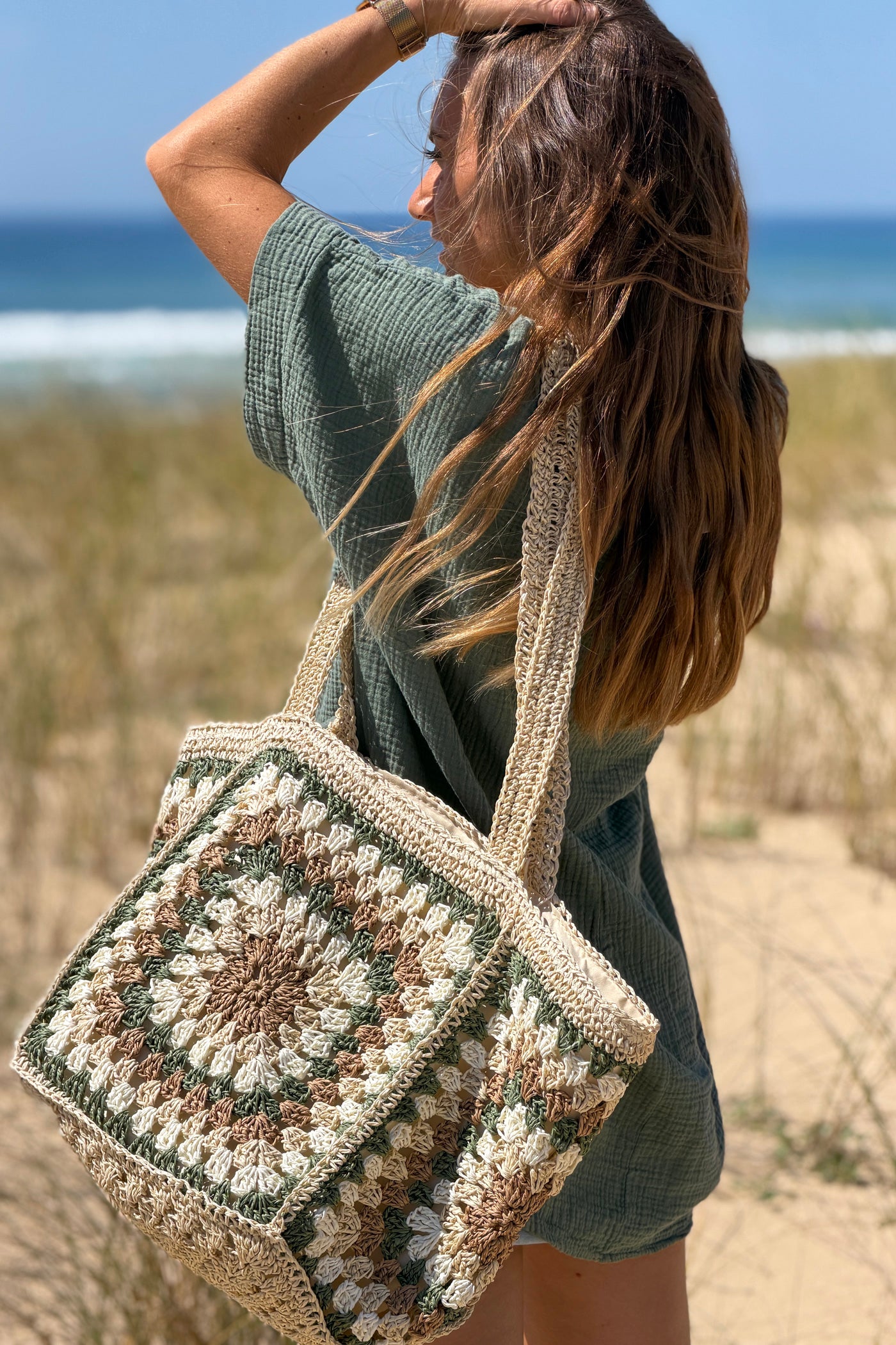 Beige Woven Square Jute Tote