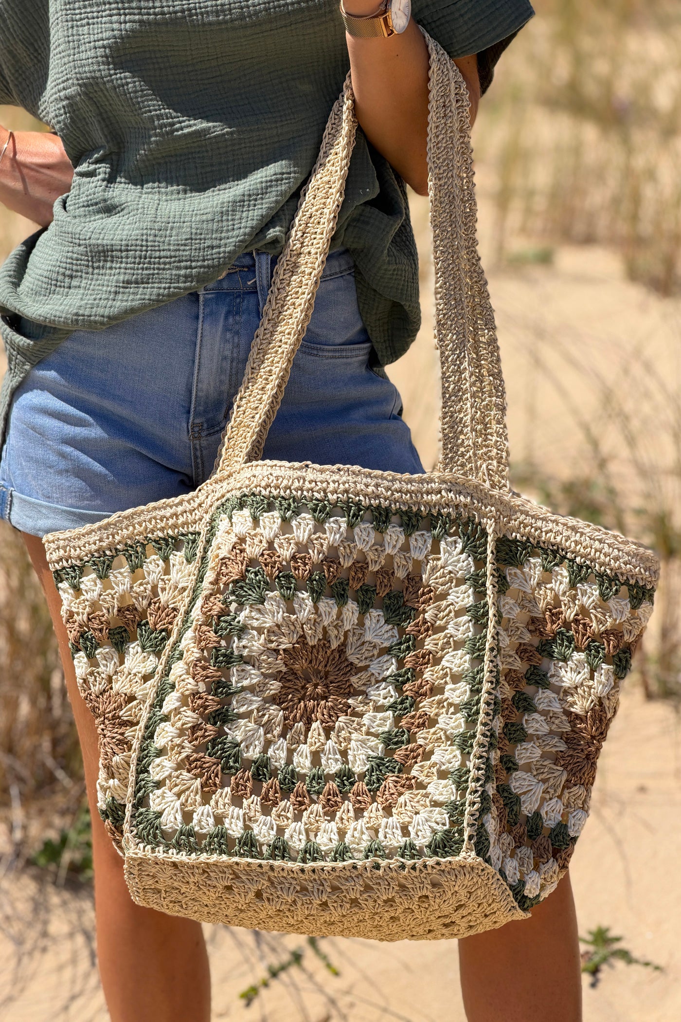 Beige Woven Square Jute Tote