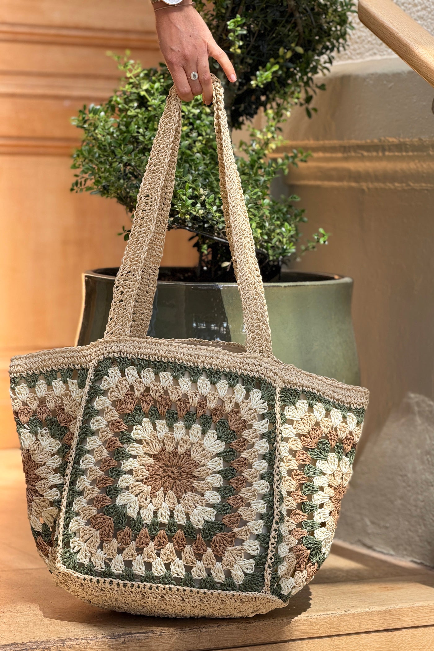 Beige Woven Square Jute Tote