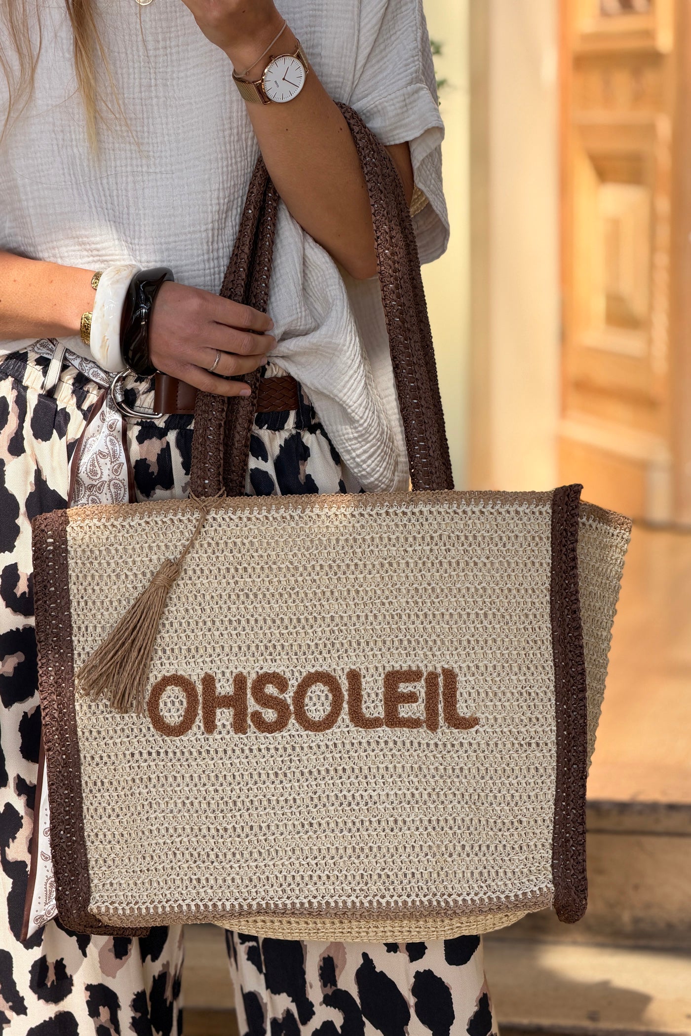 Brown “OH SOLEIL” Jute Beach Tote